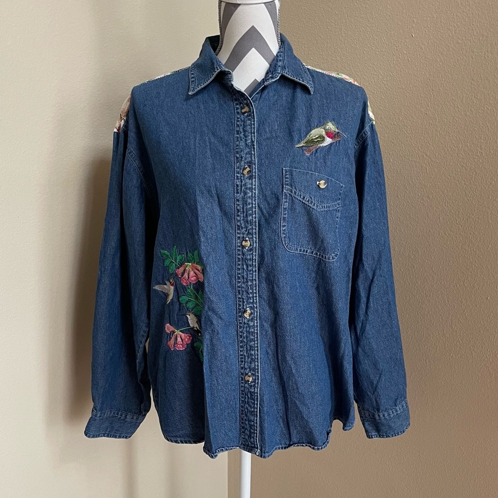 Vintage Blue Pointe - Hummingbird Denim  Long Sleeve Button Up Shirt - Size: 2X